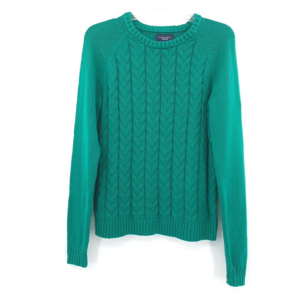 Lands' End Drifter cable‎ knit pullover sweater Size S green 100% cotton
